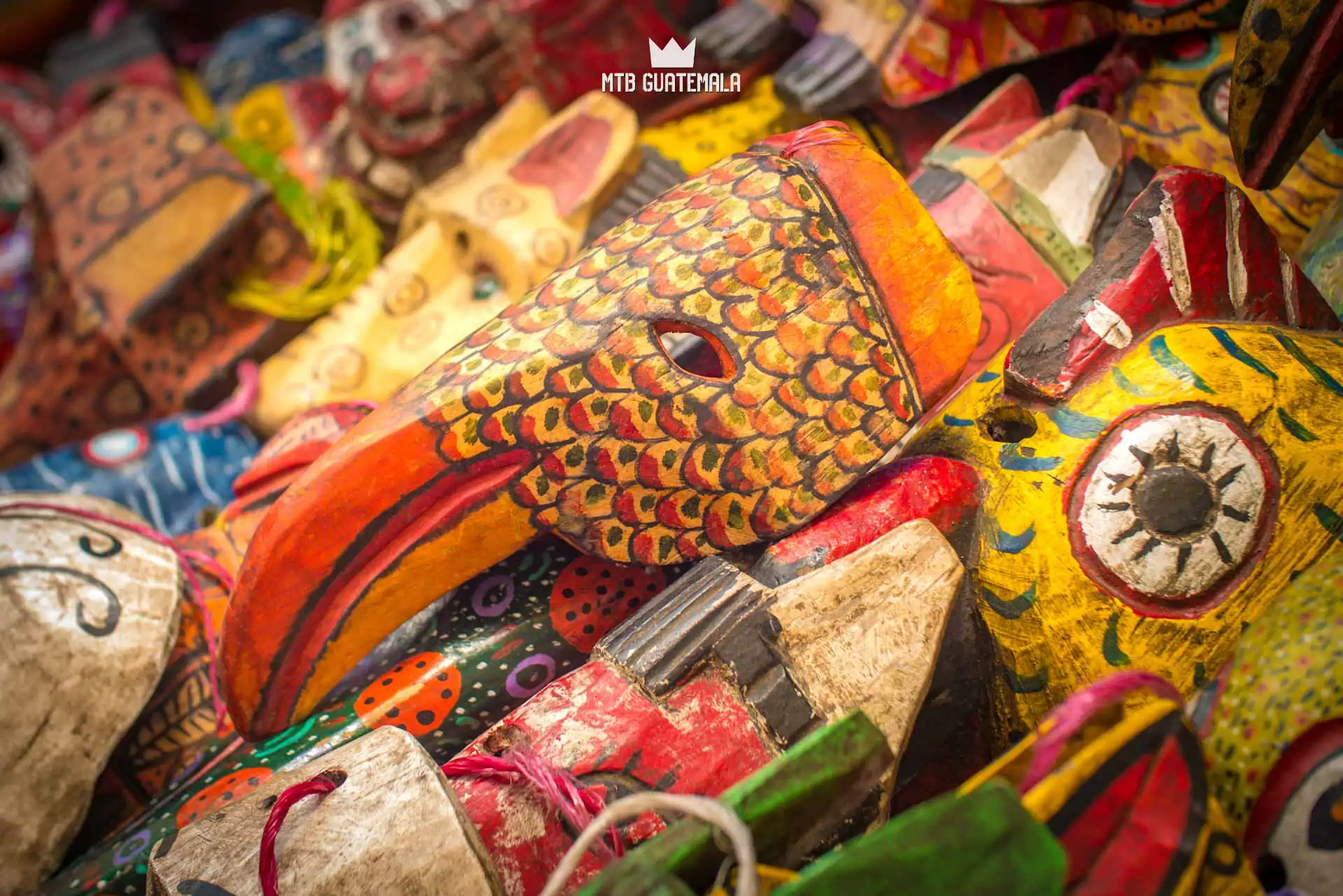 Traditional Mayan masks for sale at the Chichicastenango market.  , Guatemala